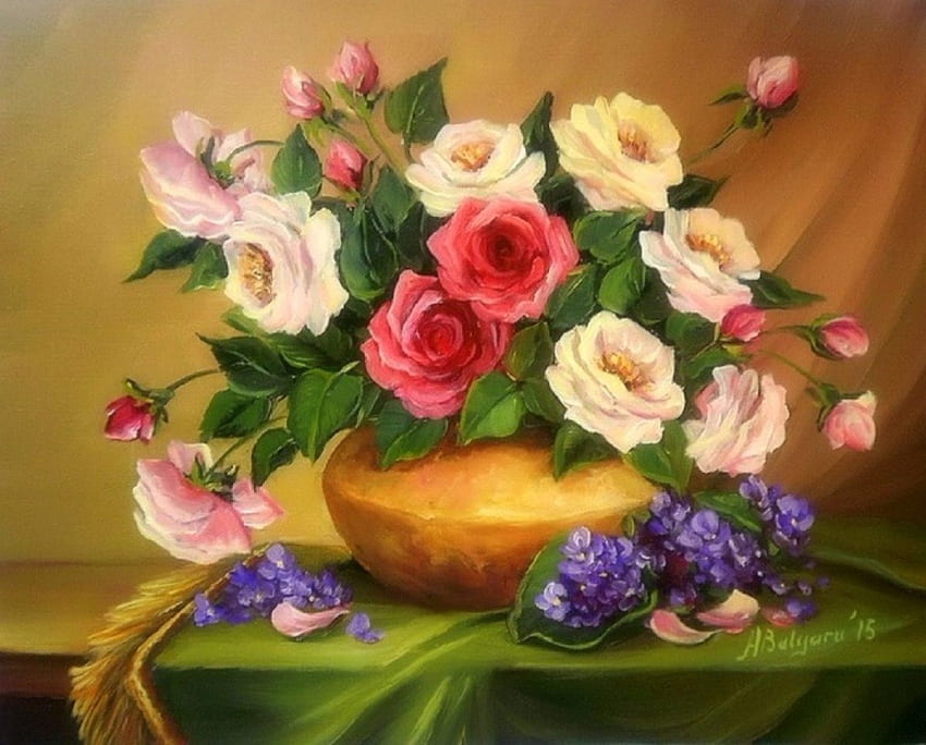 ✿⊱•╮Festive Bouquet╭•⊰✿, love four seasons, bouquets, roses, draw and paint, flowers, paintings, lovely still life HD wallpaper