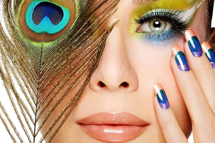 Beauty, blue, model, girl, woman, feather, green, yellow, face, peacock HD wallpaper