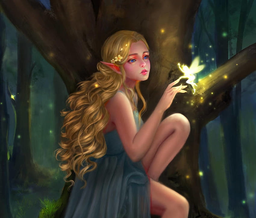Firefly, jidu276, girl, elf, fairy, fantasy, thao anh, luminos, forest HD wallpaper