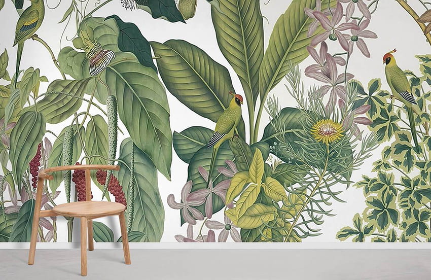 열대 나뭇잎과 식물 벽화. 정글 벽화, 정글 식물 HD 월페이퍼