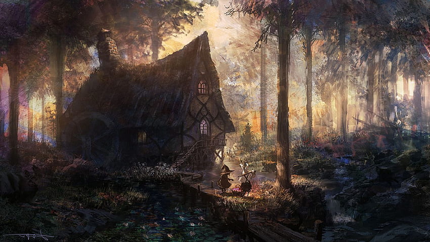 casa bosque río árboles ilustraciones fantasía arte cabaña, Cozy Forest fondo de pantalla