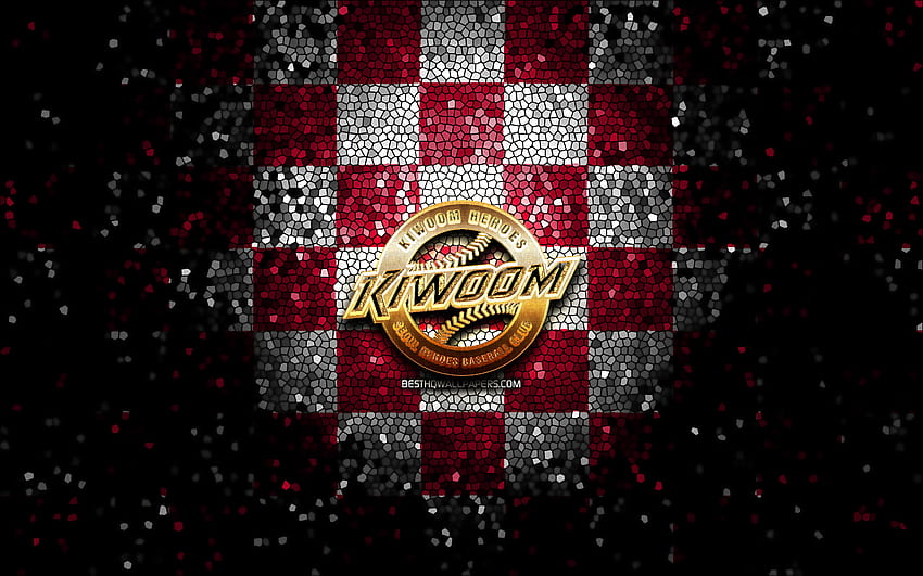 Kiwoom Heroes, logo scintillant, KBO, fond violet à carreaux blancs, baseball, équipe de baseball sud-coréenne, logo Kiwoom Heroes, art de la mosaïque Fond d'écran HD