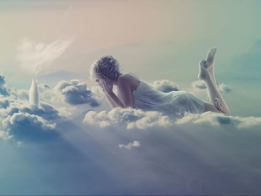 heavenly dreams 2, dreaming, clouds, lady, abstract HD wallpaper