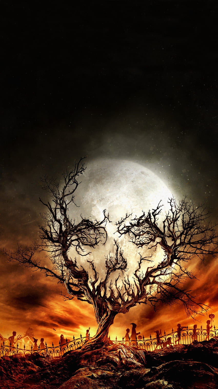 digital art, Portrait display, Nature, Trees, Skull, Moon, Stars, Spooky, Halloween, Silhouette, Imagination, Roots, Sky, Night, Branch, Optical illusion, Fence / and Mobile Background, Halloween Sky HD phone wallpaper