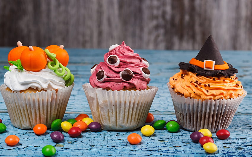 Halloween cupcakes, sweet, halloween, pink, dessert, cupcake, orange, food, hat HD wallpaper