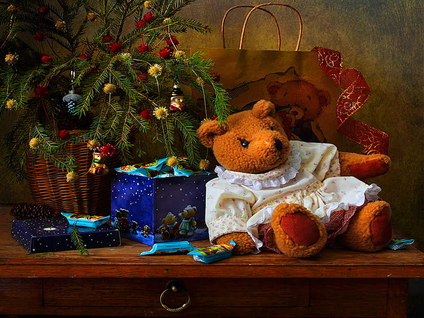 Neujahrsspielzeug, Teddybär, Dekoration, Spielzeug, Bär, Geschenke, Neujahr, Baum HD-Hintergrundbild
