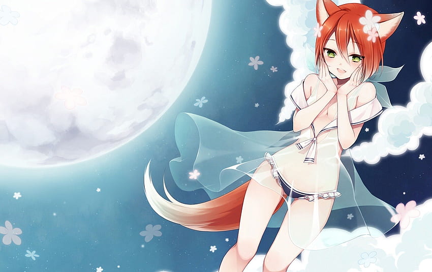 Foxy Girl, sweet, white, furry, peaceful, girl, fox, orange, moon, red HD wallpaper