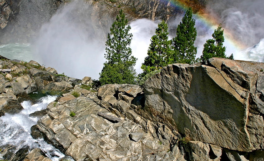 Nature, Stones, Rainbow, Waterfall, Flow, Lumps, Blocks HD wallpaper