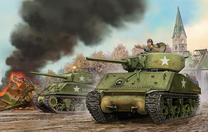 seni, tank, pertempuran, permainan, AS, Sherman, Jumbo, Sherman, Jumbo, M4A3E2, Api Perang, WW2., perang dunia II, miniatur, Serangan untuk , bagian оружие, Perang Dunia Kedua Wallpaper HD