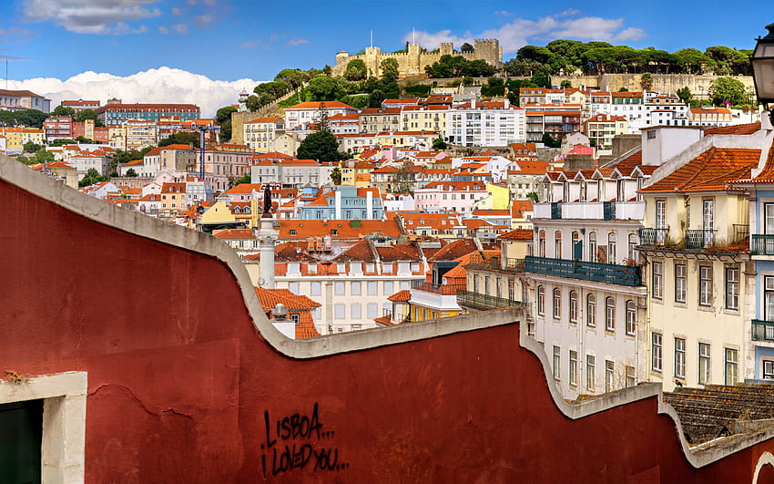 リスボン、サン・ジョルジェ城、朝、通り、セント・ジョージ城、リスボンのパノラマ、リスボンの街並み、ポルトガル 高画質の壁紙