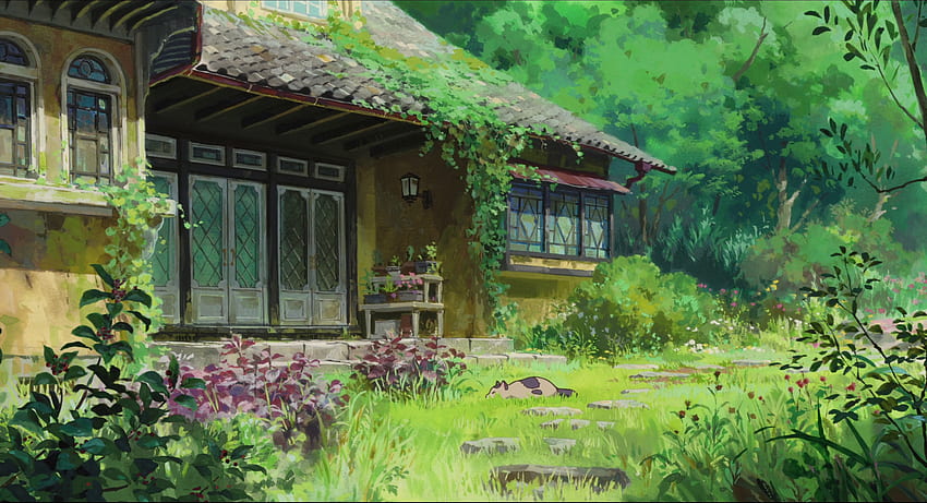 garden, anime, house, village, farm, Studio Ghibli, Karigurashi no Arrietty, jungle, cottage, estate, flower, yard, rural area , Anime Mansion HD wallpaper