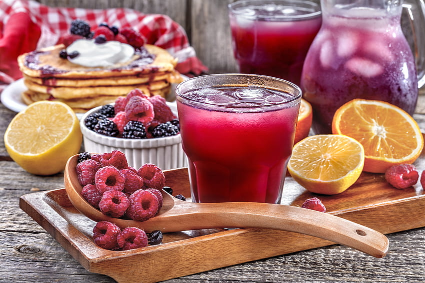 Breakfast, fruit, berries, pancakes, food HD wallpaper