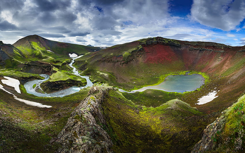 Fjallabak, góry, pochmurna pogoda, lato, piękna przyroda, Islandia, Europa Tapeta HD