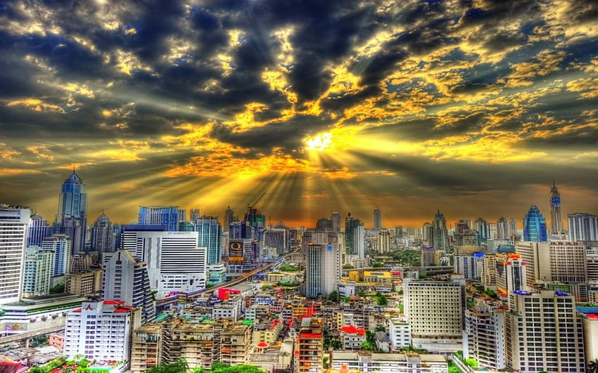 bangkok no fabuloso pôr do sol r, arranha-céus, cidade, pôr do sol, nuvens, r papel de parede HD