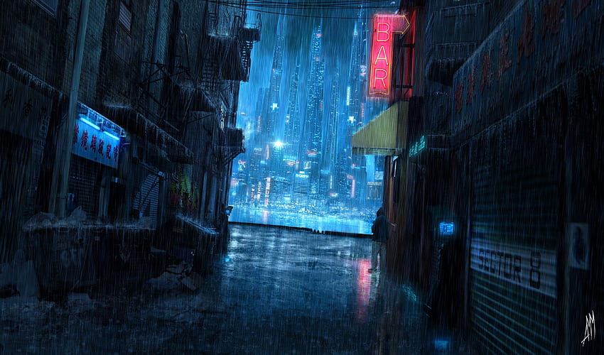 Киберпънк, дъжд, град, светлини, нощ, бъдеще - HD тапет