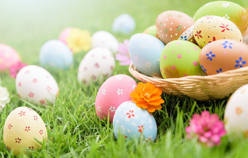 grass, flowers, eggs, Easter, spring, Easter, eggs, decoration, pastel colors for , section праздники HD wallpaper