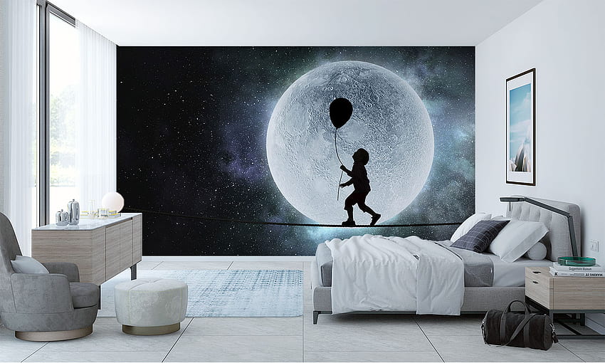 Boy With A Balloon And A Big White Moon HD wallpaper