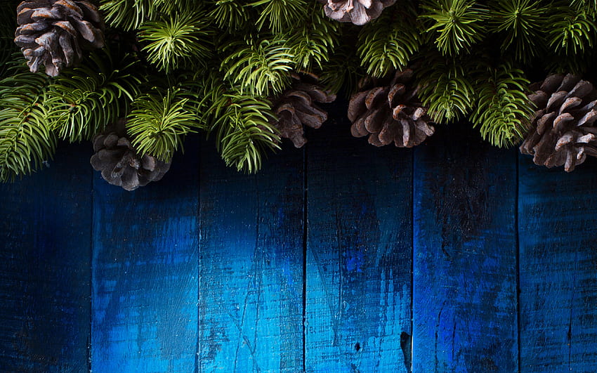 モミの木のクリスマス フレーム、青い木製の背景、バンプ、クリスマスの装飾、クリスマス フレーム、メリー クリスマス 高画質の壁紙