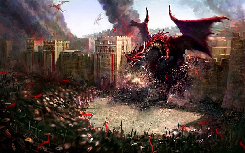 Fantasia, Dragões, Cidade, Muro, Destruição, Proteção, Guerreiros papel de parede HD
