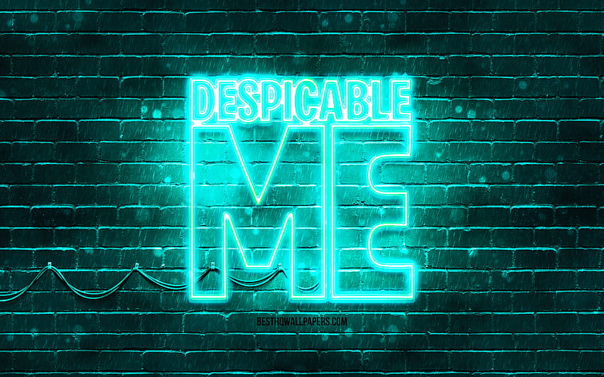 Despicable Me turquoise logo, mur de briques turquoise, Despicable Me logo, minions, Despicable Me néon logo, Despicable Me Fond d'écran HD