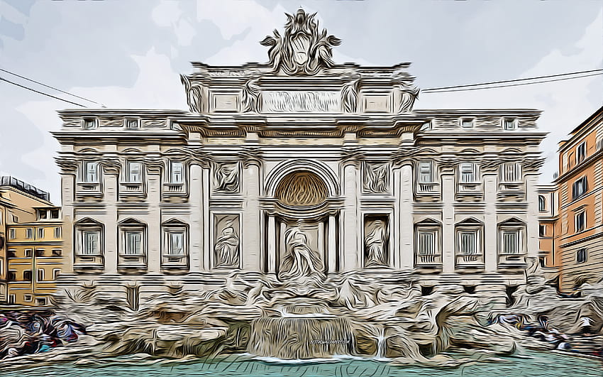 The Trevi Fountain In Rome Italy Vintage Design Linear Sketch On A  Watercolor Textured Background Stock Illustration  Download Image Now   iStock