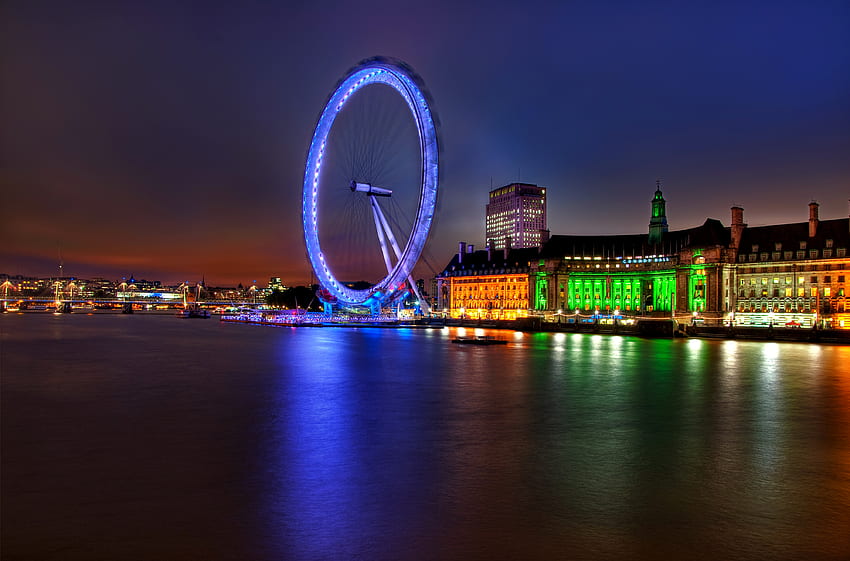 Cities, Rivers, Great Britain, Architecture, London, Building, Lights, Backlight, Illumination, Evening, Ferris Wheel, United Kingdom, England, Thames, Capital HD wallpaper
