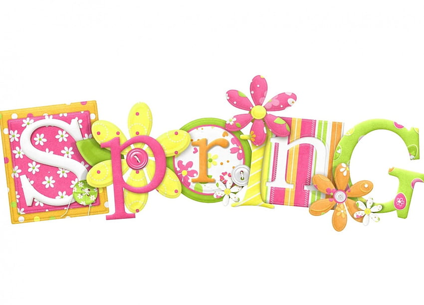 Spring, word, pink, yellow, flower, green, card HD wallpaper