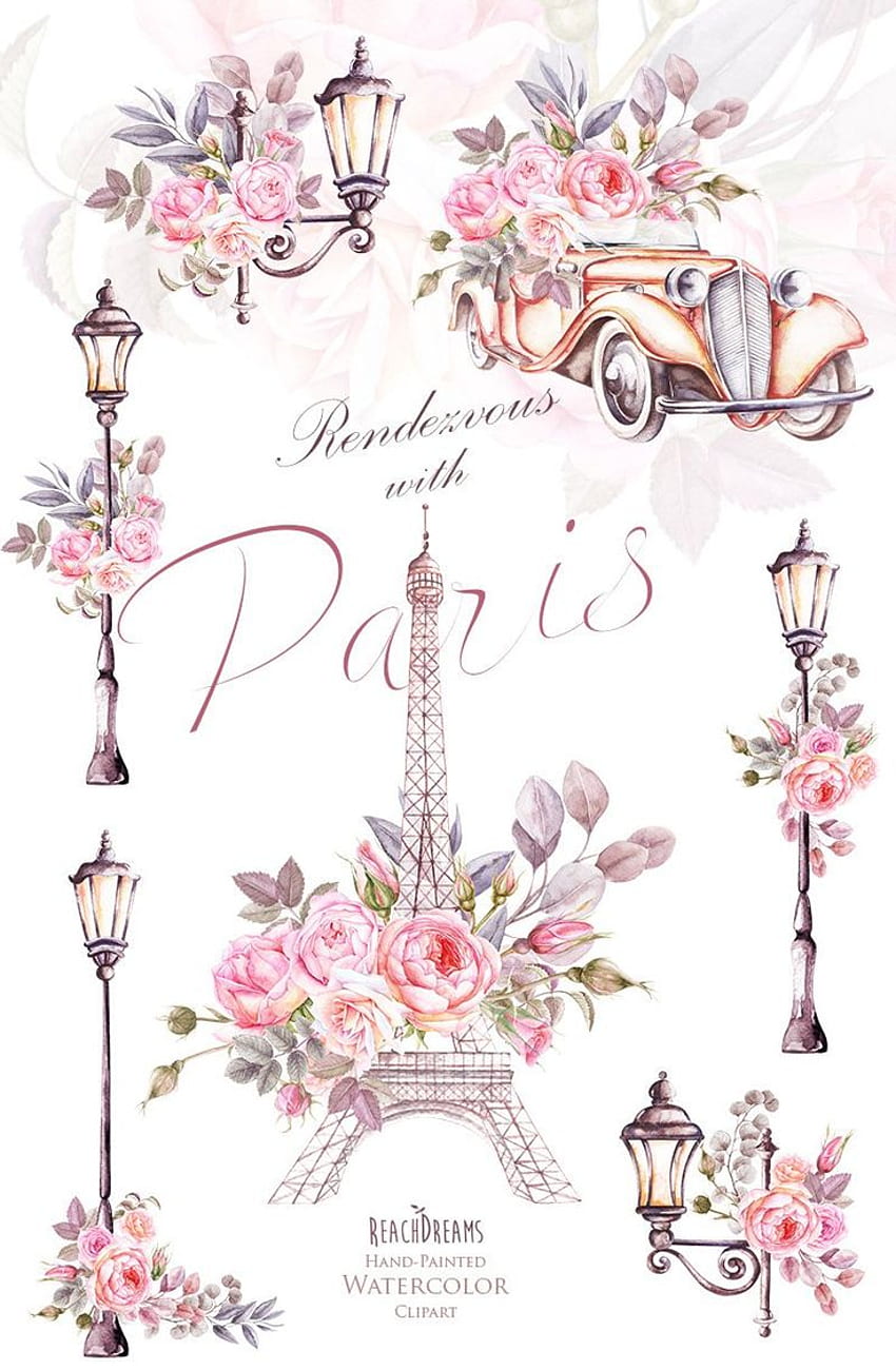 Paryż akwarela clipart, Francja, Wieża Eiffla, Francja, kwiaty róż, elementy kwiatowe, latarnia, samochód retro, vintage, romantyczny, francuski styl. Paryż, akwarela clipart, clipart Tapeta na telefon HD