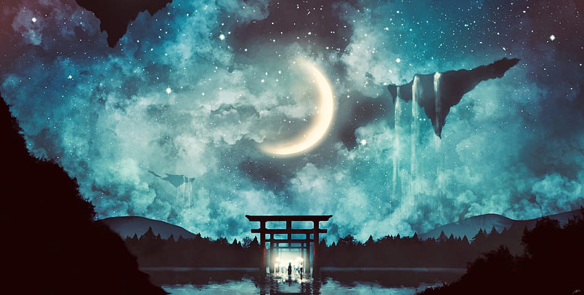 Fantasy, moon, gate, clouds, art HD wallpaper