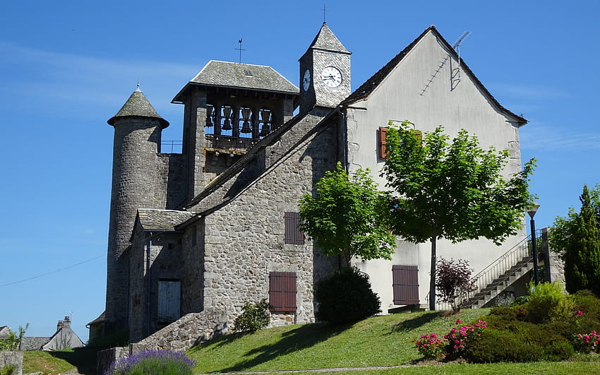 Church in France, Christianity, France, clock, bells, church HD wallpaper