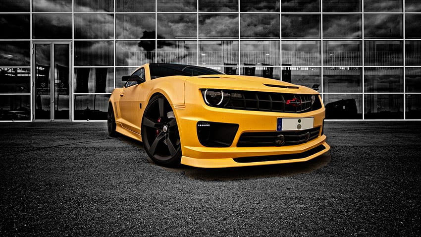 Preto espelha rodas amarelas Chevrolet Camaro., Carro amarelo e preto papel de parede HD