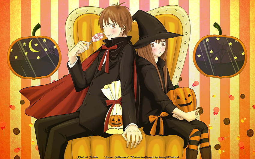 Anime Halloween, chair, black, girl, orange, witch, halloween, pumkin, anime, boy, cape, stockings, bow HD wallpaper