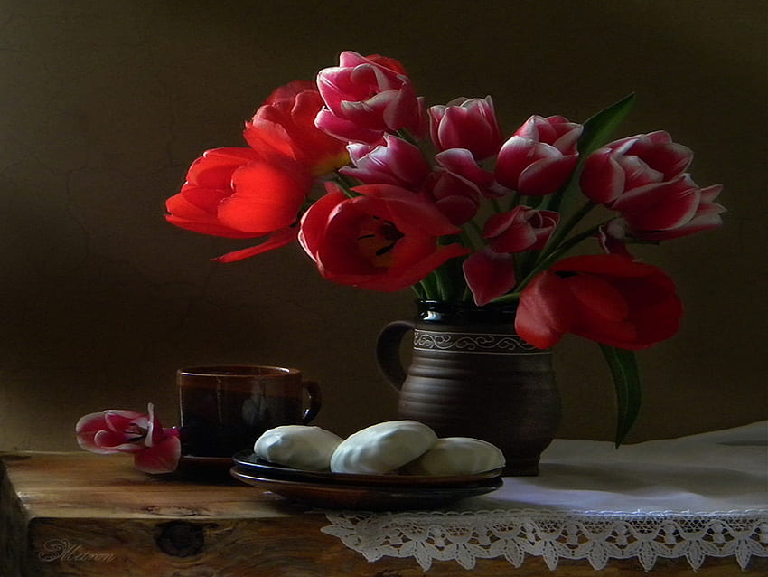 Still life, Cakes, Coffee, Plate, Cup, Flowers, Vase HD wallpaper