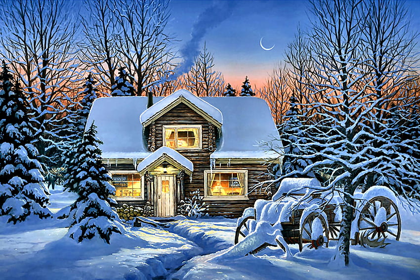 Comforts of Home F1, winter, wagon, architecture, art, landscape, beautiful, illustration, artwork, scenery, wide screen, painting, snow, cottage HD wallpaper