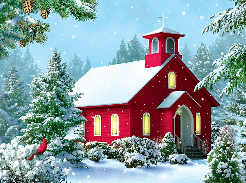 Woodland Prayer, inverno, vacanze, vacanze invernali, attrazioni nei sogni, dipinti, amore quattro stagioni, Natale, neve, natura, natale e capodanno, cardinali Sfondo HD