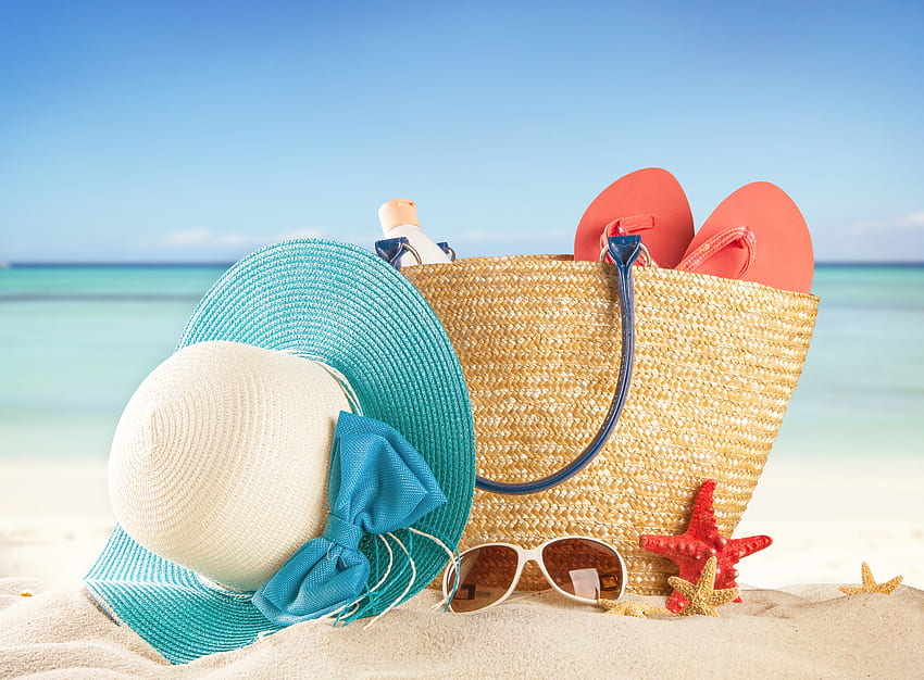Beaches: Summer Vacation Bag Hat Sand Sea Beach Sun, Summertime ...
