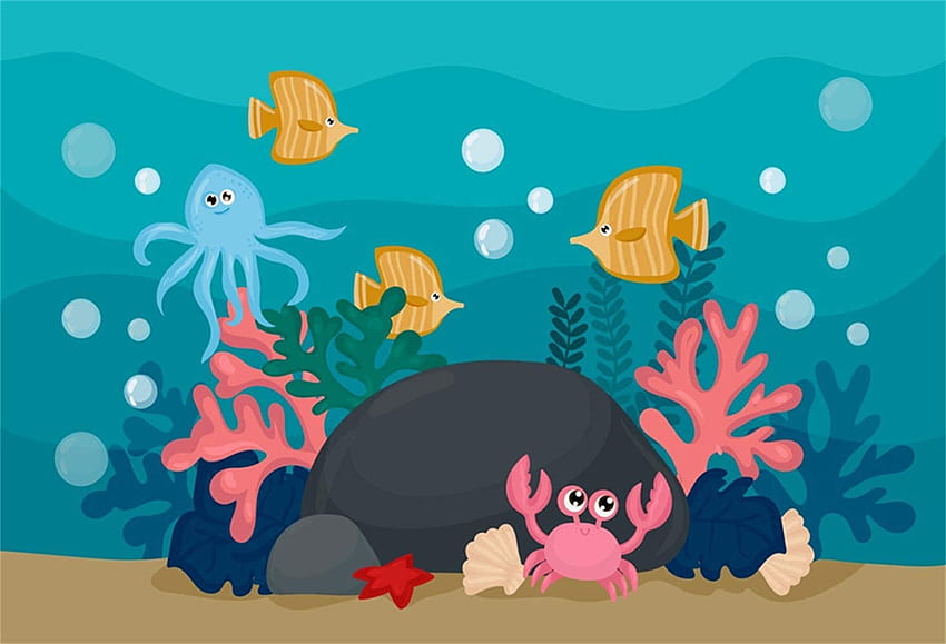 Laeacco ft Cartoon Underwater World Vinyl graphy Background Jellyfish Crab Corals Fishes Marine Theme Backdrop Child Kids Baby Birtay Party Banner Safari Party Ocean Studio : Camera & HD wallpaper