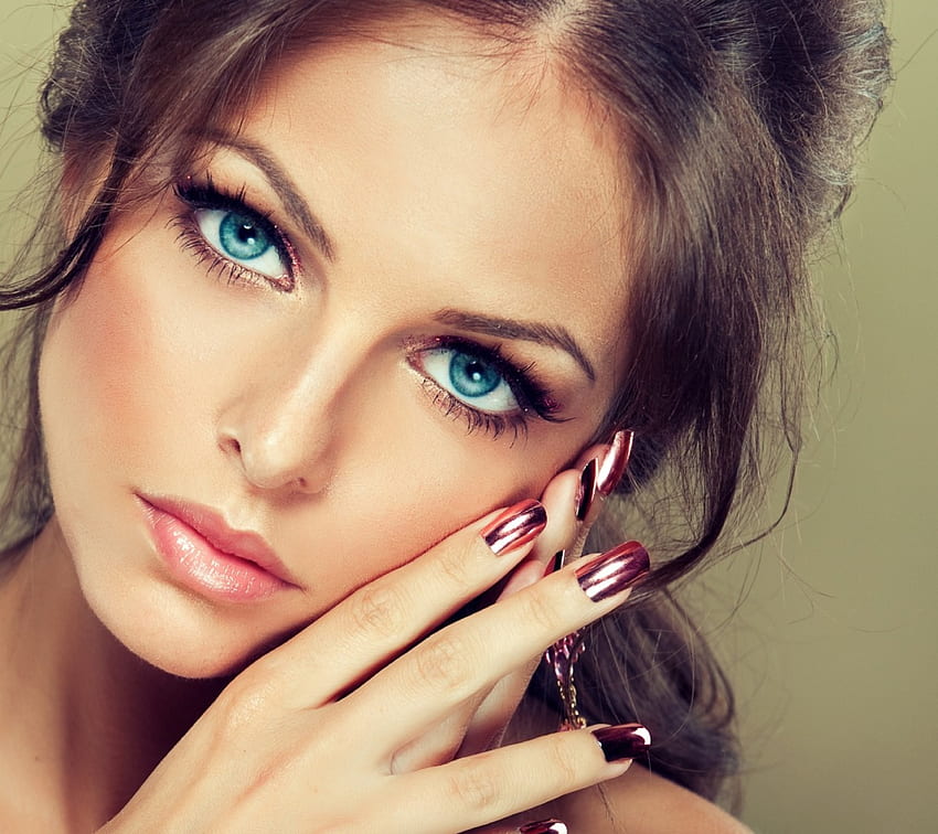 Beauty, pink, blue eyes, make-up, sonya zhuravetc, face, lips, hand HD wallpaper