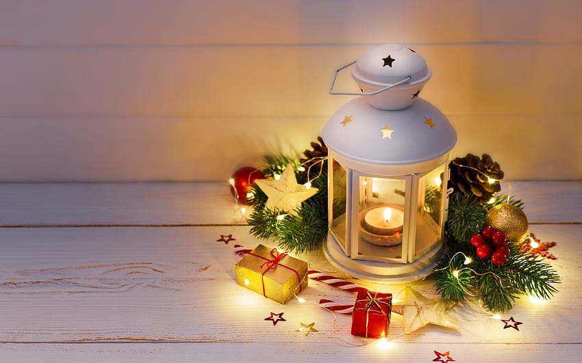 Advent Time, gifts, lantern, candle, still life, stars, pinecones HD wallpaper
