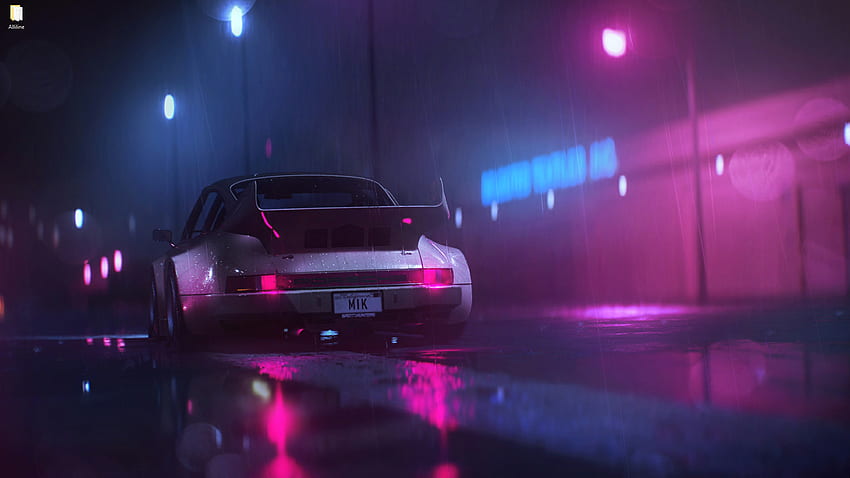 Porsche retrò con luce viola sotto la pioggia (cyberpunk) - le auto vivono [ ] Sfondo HD