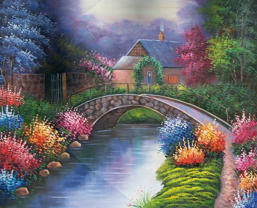 Das Land mit Farben malen, Fluss, Malerei, Bäume, Farben, Brücke, Blumen, Hütte HD-Hintergrundbild