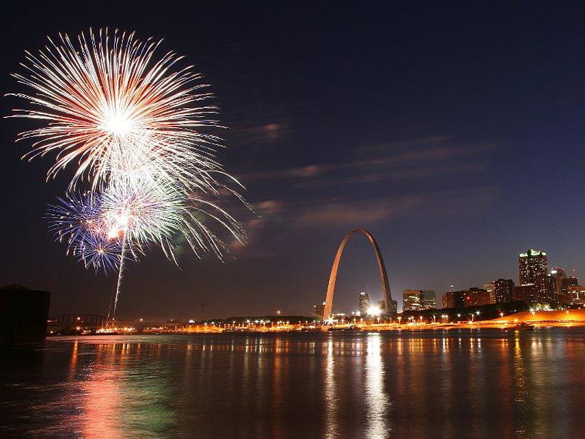 4th of July in Saint Louis, fireworks, water, arch, louis HD wallpaper