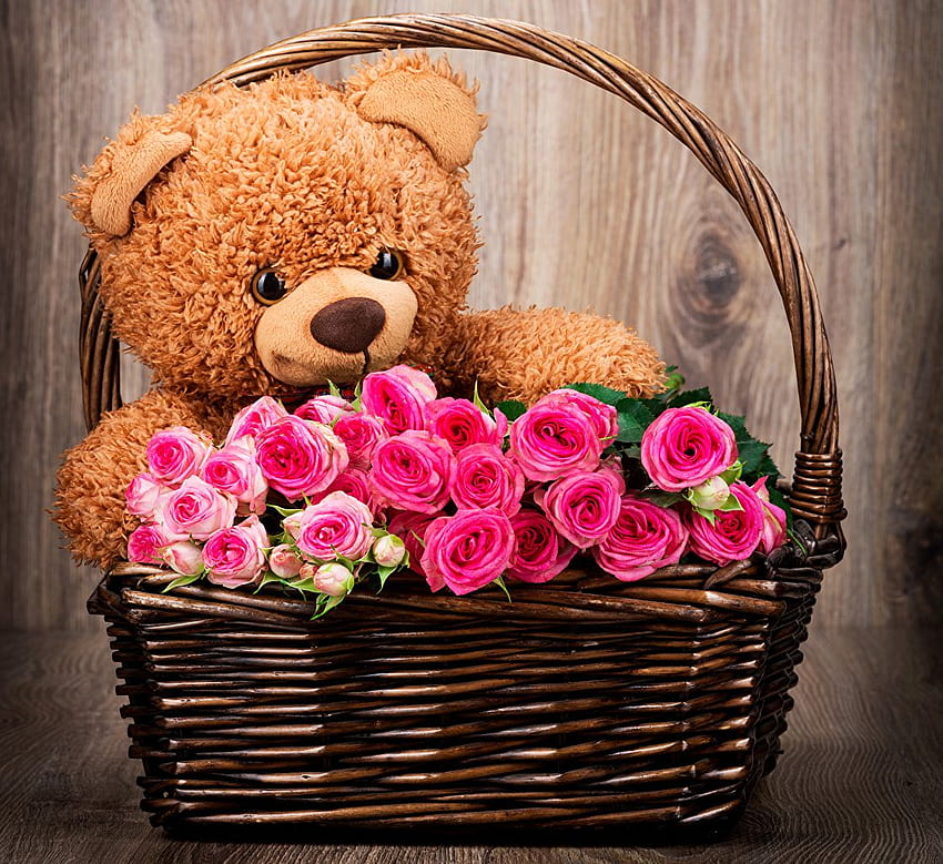rose Pink color Flowers Teddy bear Wicker basket toy, Colorful Bear HD wallpaper