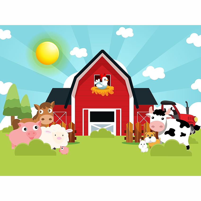 Allenjoy Zenon Farm Party Curtain Grassland Blue Sky Cow Tractor, Cartoon Farm HD phone wallpaper