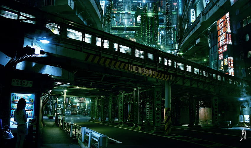 เมือง Cyberpunk แสงไฟ ตึกระฟ้าแห่งอนาคต รถไฟโตเกียว AMM sci fi สถาปัตยกรรมโตเกียว วอลล์เปเปอร์ HD