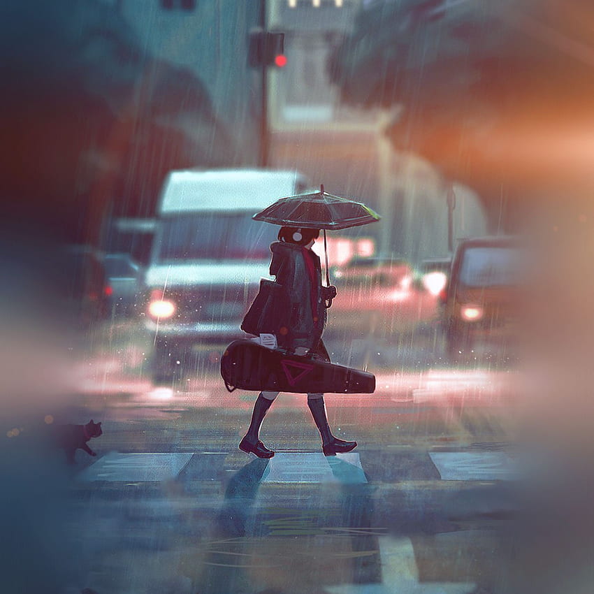 Yağmurlu Bir Gün Anime Boya Kız Sanat Çizim Parlama, Yağmurlu Şehir Anime HD telefon duvar kağıdı