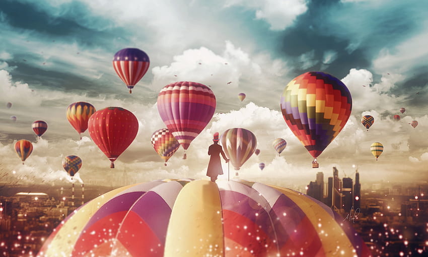 Magik, balony na ogrzane powietrze, jazda, fantazja, surrealistyczne Tapeta HD