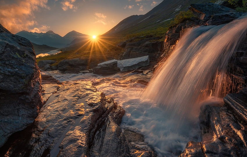 mountains, sunrise, dawn, waterfall, morning, Norway HD wallpaper