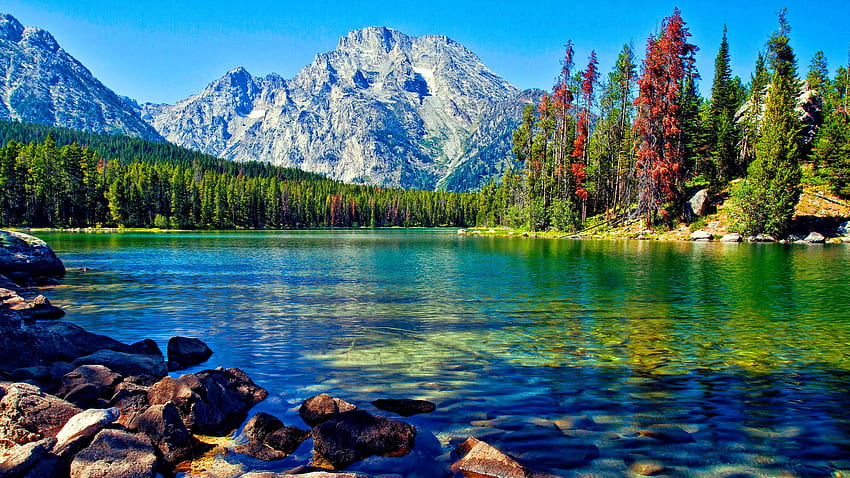Beautiful Stones Lake Trees Forest Rock Mountains Sunrays Blue Sky Background Nature HD wallpaper