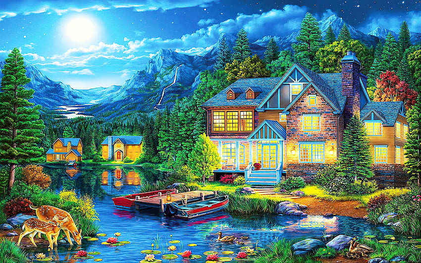 Countryside serenity, creek, art, house, beautiful, serenity, moon, painting, boats, cottage, deers, countryside, pond HD wallpaper